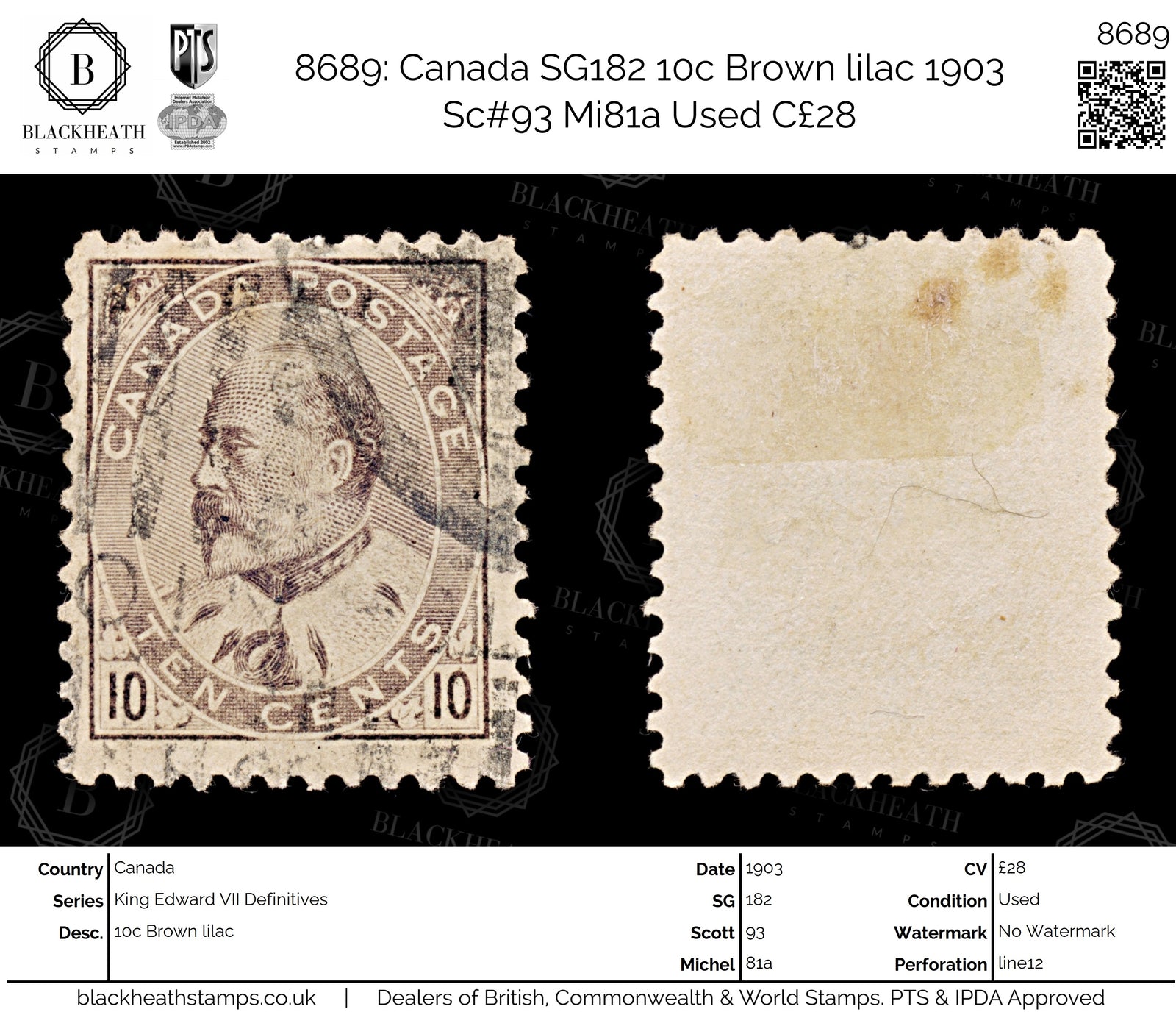 8689: Canada SG182 10c Brown lilac 1903 Sc#93 Mi81a Used C£28