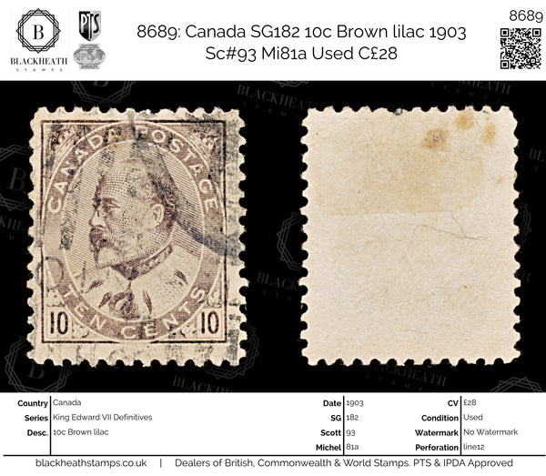 8689: Canada SG182 10c Brown lilac 1903 Sc#93 Mi81a Used C£28