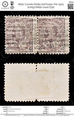 8690: Canada SG184 10d Purple. Pair 1903 Sc#93i Mi81b Used C£56, view 1