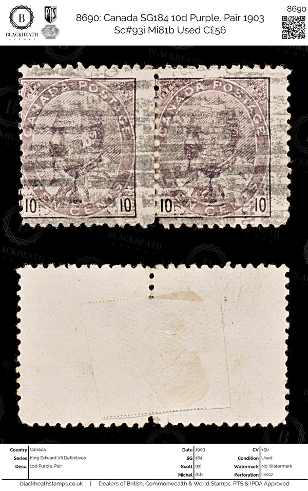 8690: Canada SG184 10d Purple. Pair 1903 Sc#93i Mi81b Used C£56