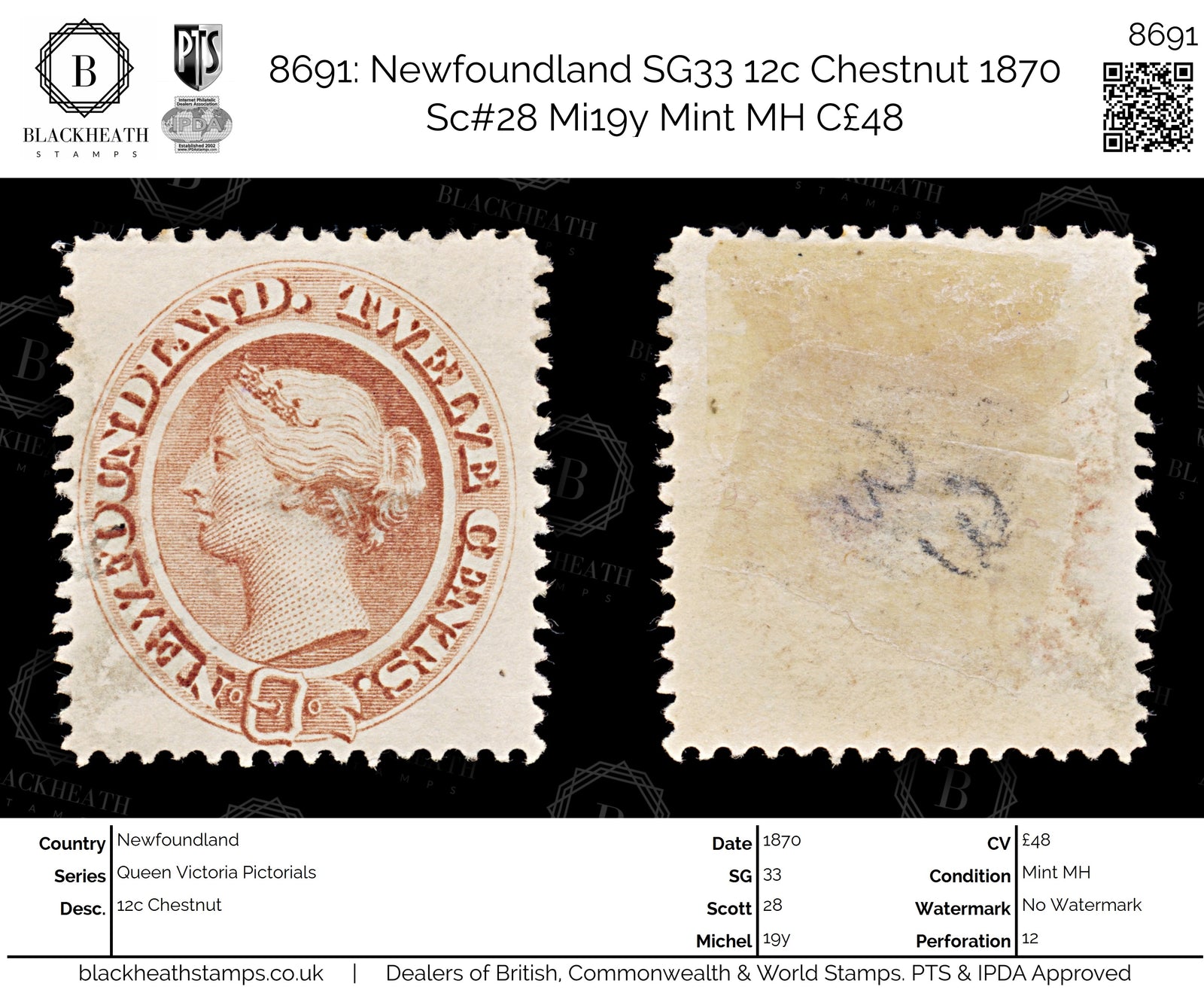 8691: Newfoundland SG33 12c Chestnut 1870 Sc#28 Mi19y Mint MH C£48