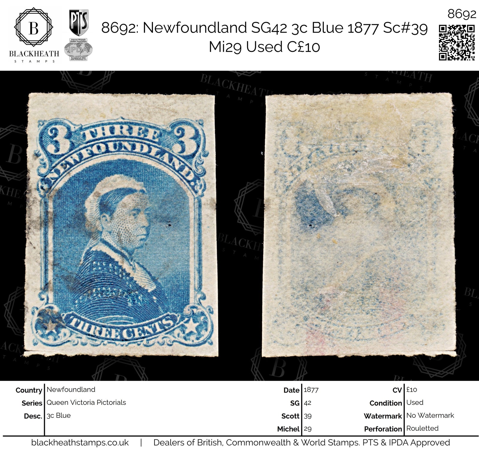 8692: Newfoundland SG42 3c Blue 1877 Sc#39 Mi29 Used C£10