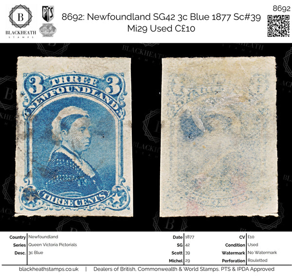8692: Newfoundland SG42 3c Blue 1877 Sc#39 Mi29 Used C£10