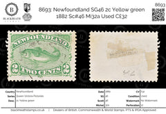 8693: Newfoundland SG46 2c Yellow green 1882 Sc#46 Mi32a Used C£32, view 1
