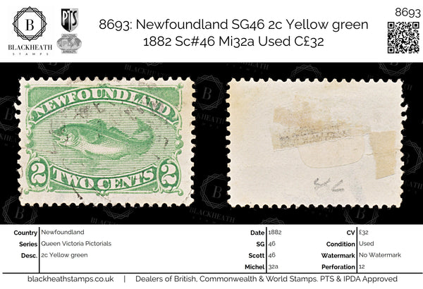 8693: Newfoundland SG46 2c Yellow green 1882 Sc#46 Mi32a Used C£32