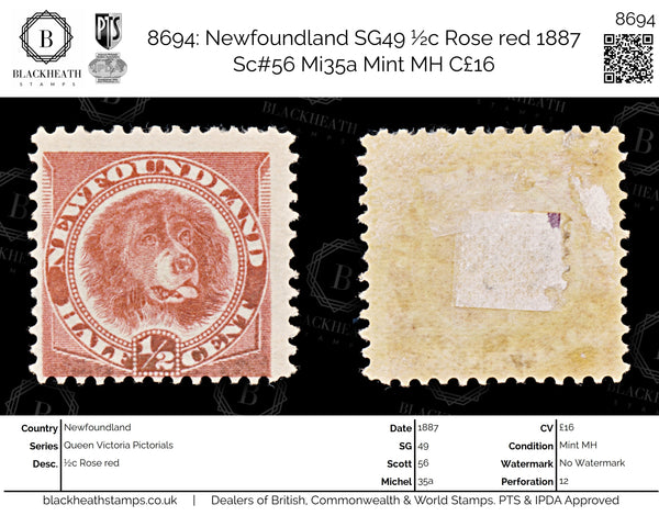 8694: Newfoundland SG49 ½c Rose red 1887 Sc#56 Mi35a Mint MH C£16