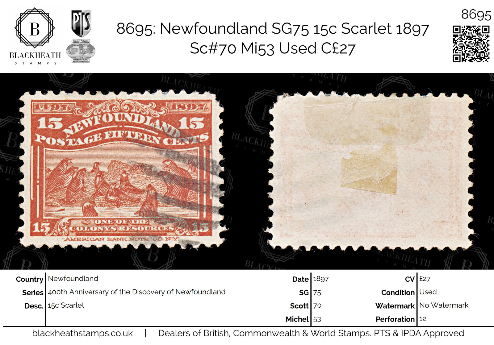 8695: Newfoundland SG75 15c Scarlet 1897 Sc#70 Mi53 Used C£27
