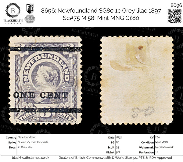 8696: Newfoundland SG80 1c Grey lilac 1897 Sc#75 Mi58I Mint MNG C£80