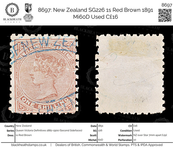 8697: New Zealand SG226 1s Red Brown 1891 Mi60D Used C£16