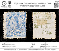 8698: New Zealand SG218k 2½d Blue. Olive Underprint 1893 Used C£200, view 1