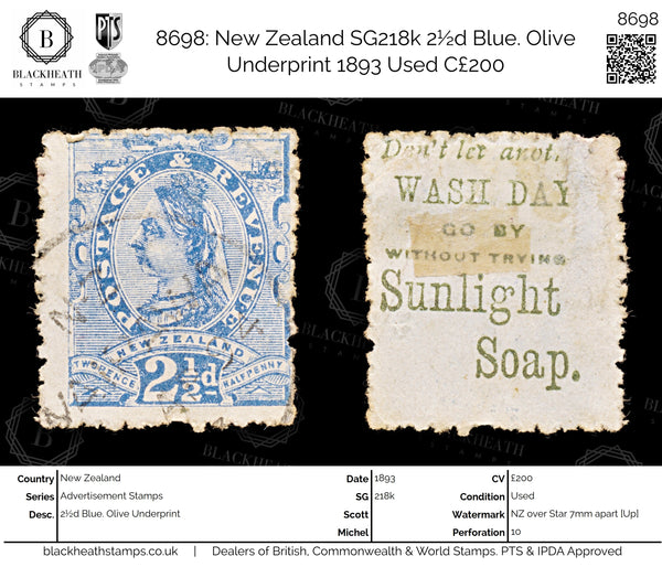 8698: New Zealand SG218k 2½d Blue. Olive Underprint 1893 Used C£200