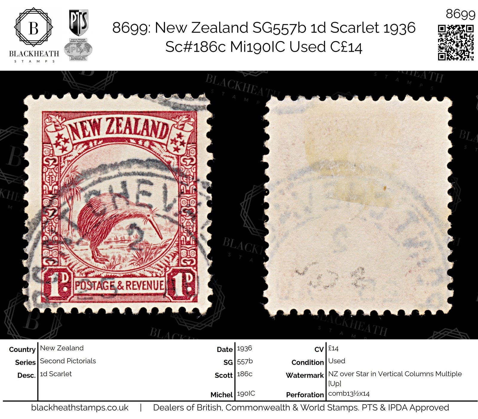 8699: New Zealand SG557b 1d Scarlet 1936 Sc#186c Mi190IC Used C£14