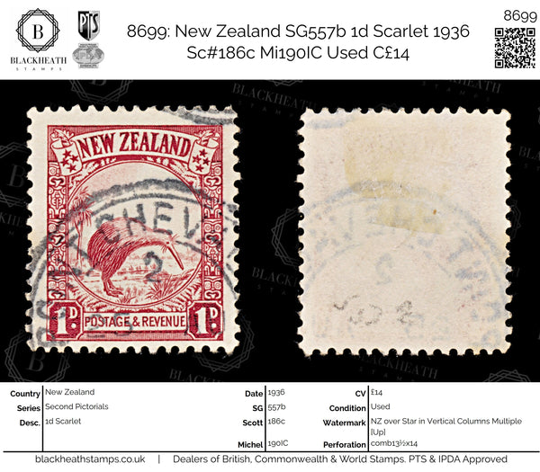 8699: New Zealand SG557b 1d Scarlet 1936 Sc#186c Mi190IC Used C£14