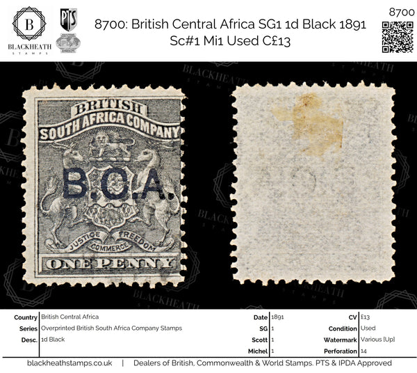 8700: British Central Africa SG1 1d Black 1891 Sc#1 Mi1 Used C£13