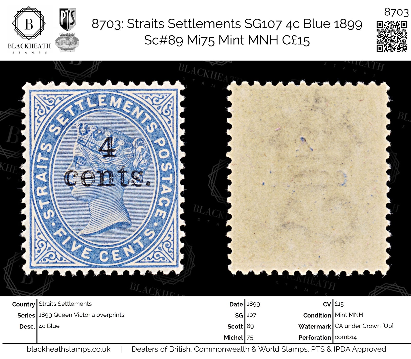 8703: Straits Settlements SG107 4c Blue 1899 Sc#89 Mi75 Mint MNH C£15