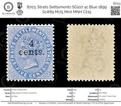 8703: Straits Settlements SG107 4c Blue 1899 Sc#89 Mi75 Mint MNH C£15, view 1