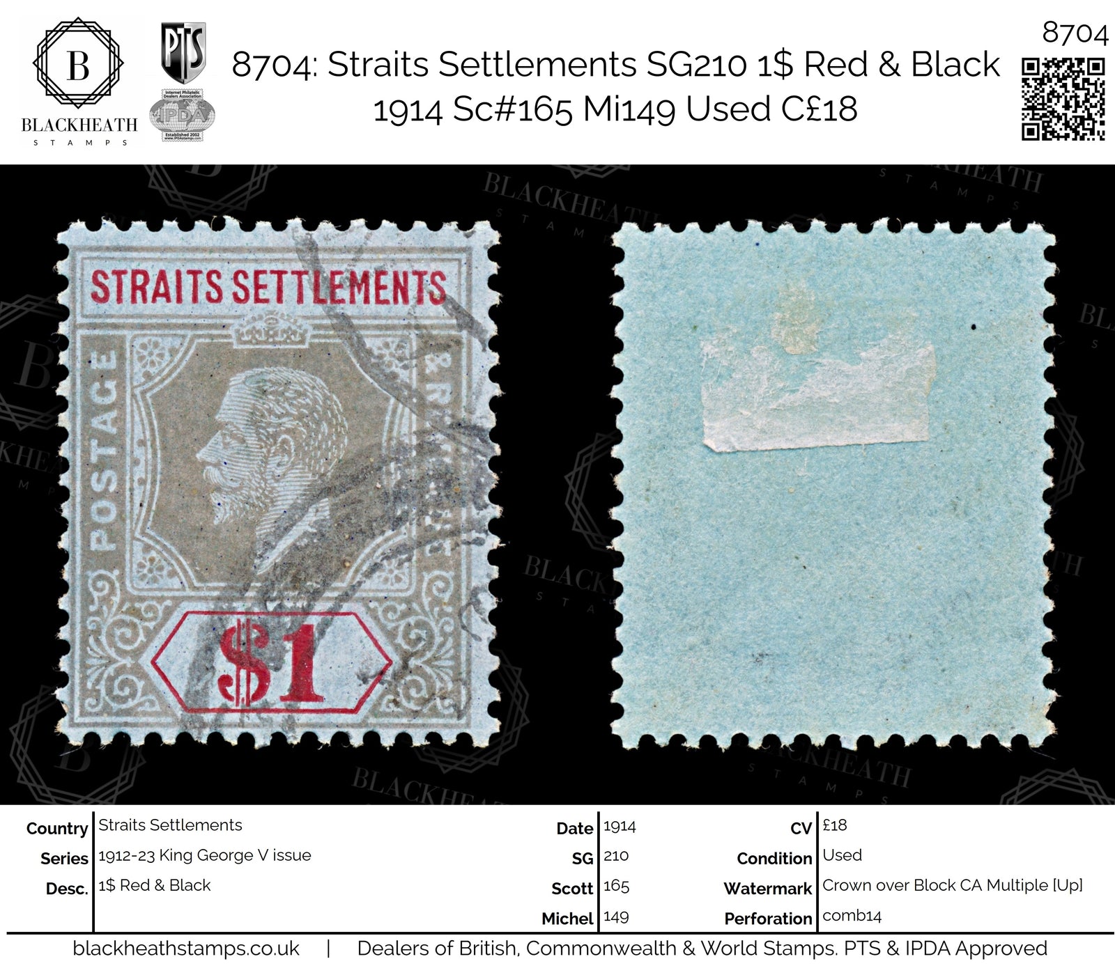 8704: Straits Settlements SG210 1$ Red & Black 1914 Sc#165 Mi149 Used C£18