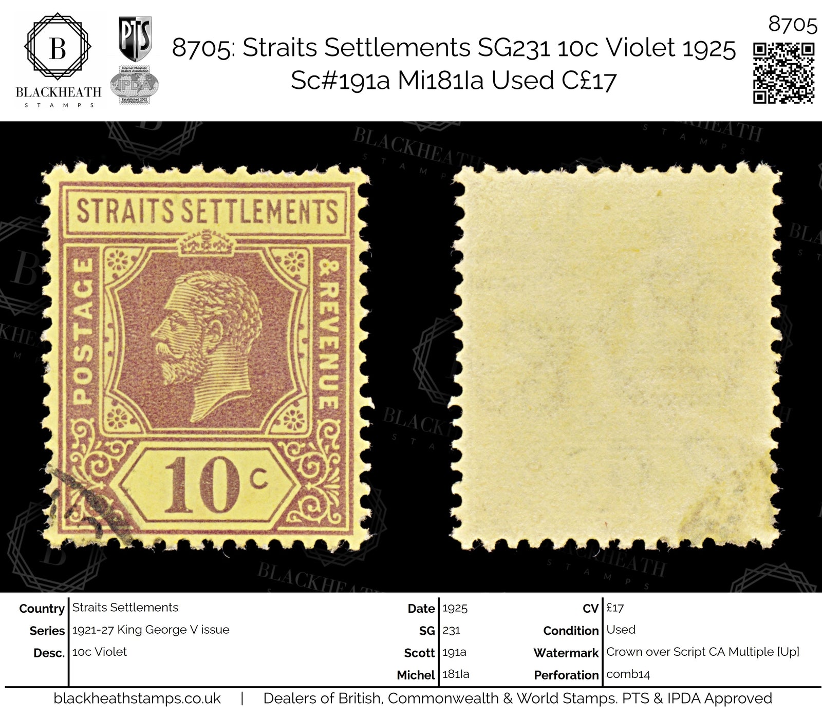 8705: Straits Settlements SG231 10c Violet 1925 Sc#191a Mi181Ia Used C£17