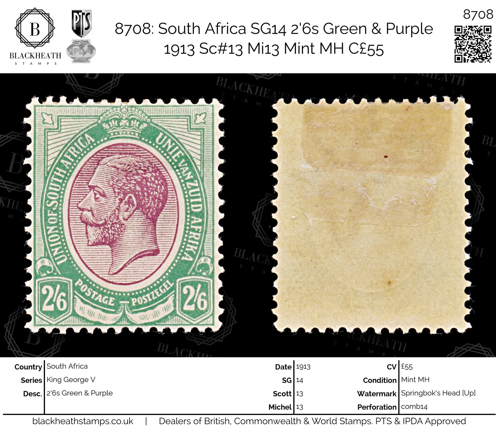 8708: South Africa SG14 2'6s Green & Purple 1913 Sc#13 Mi13 Mint MH C£55