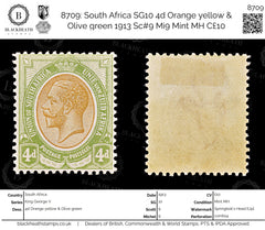 8709: South Africa SG10 4d Orange yellow & Olive green 1913 Sc#9 Mi9 Mint MH C£10, view 1