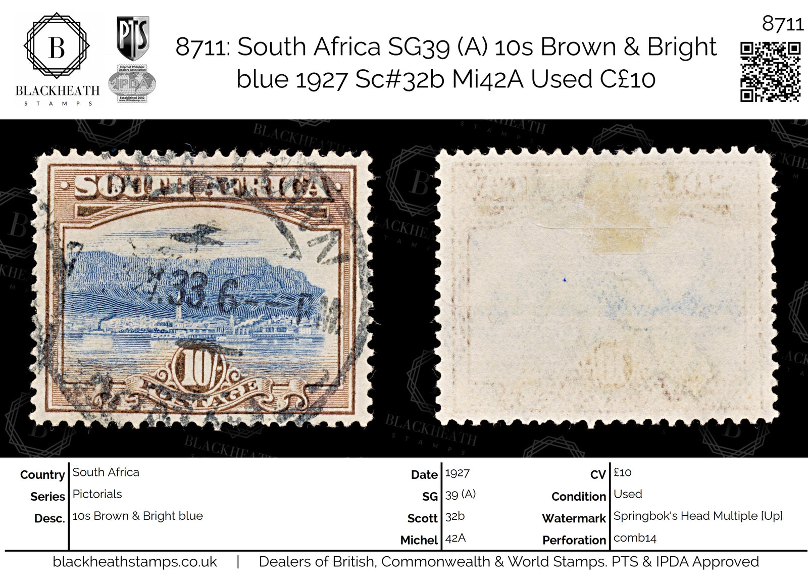8711: South Africa SG39 (A) 10s Brown & Bright blue 1927 Sc#32b Mi42A Used C£10