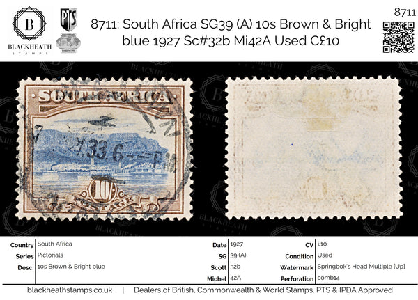 8711: South Africa SG39 (A) 10s Brown & Bright blue 1927 Sc#32b Mi42A Used C£10