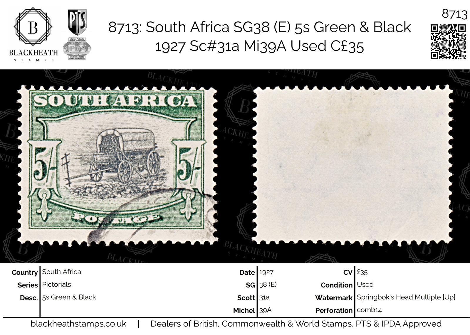 8713: South Africa SG38 (E) 5s Green & Black 1927 Sc#31a Mi39A Used C£35
