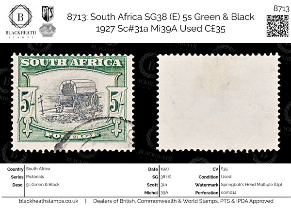 8713: South Africa SG38 (E) 5s Green & Black 1927 Sc#31a Mi39A Used C£35