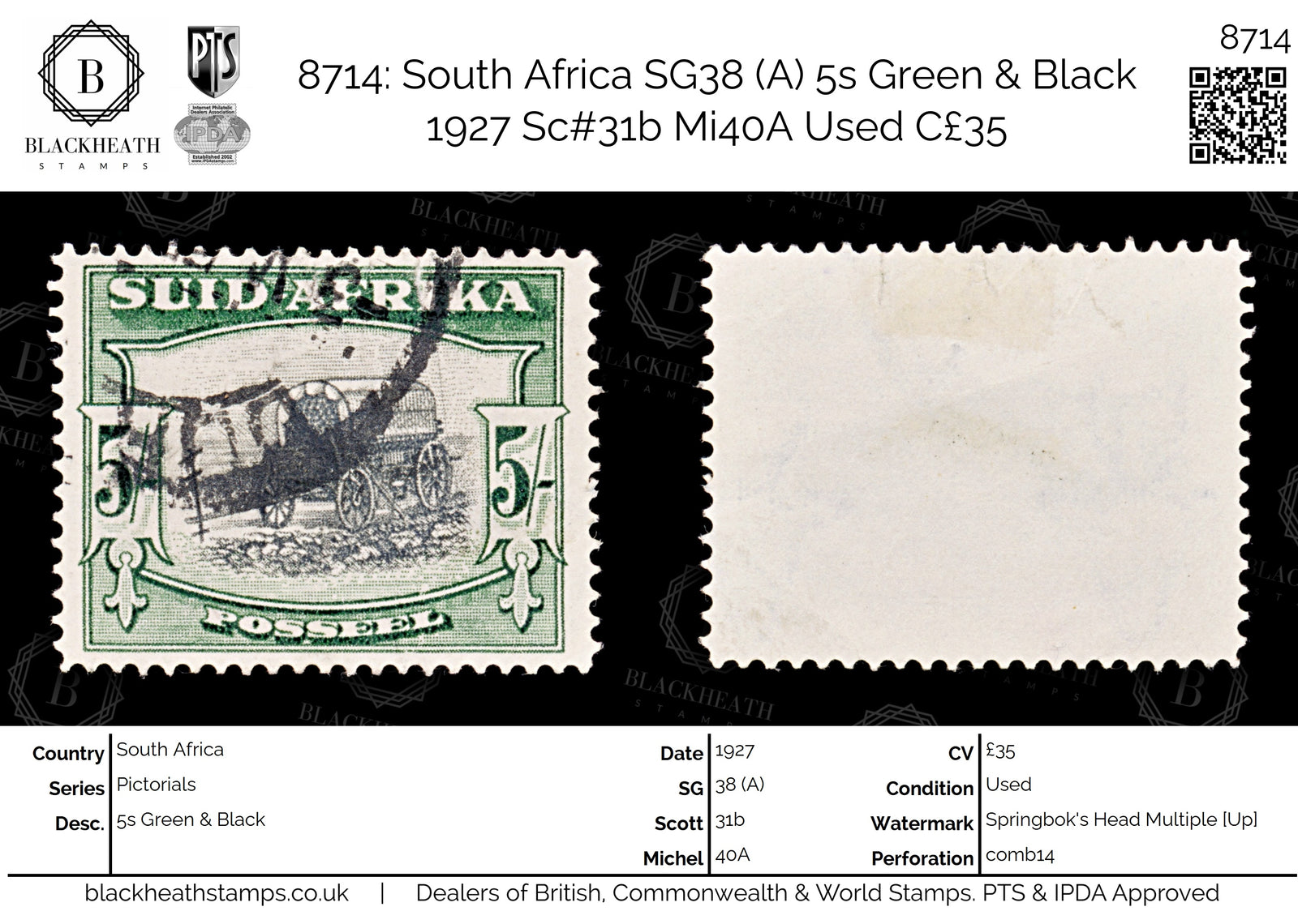 8714: South Africa SG38 (A) 5s Green & Black 1927 Sc#31b Mi40A Used C£35