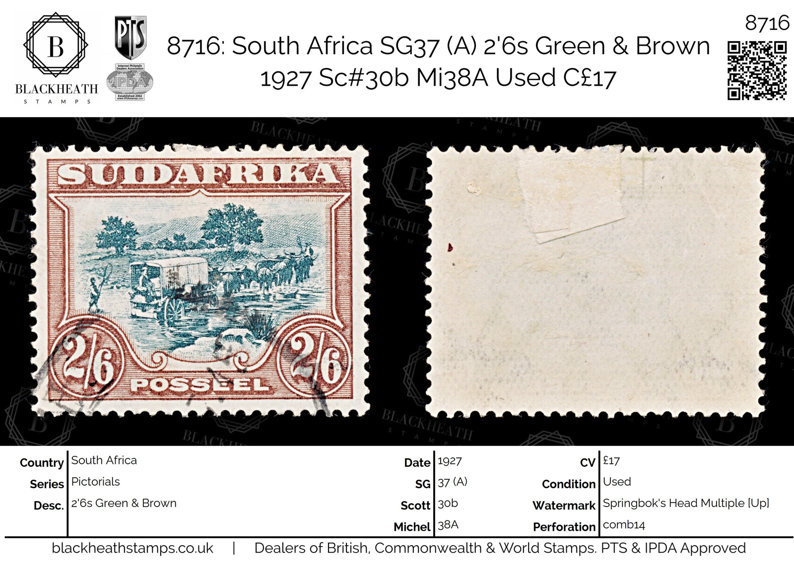 8716: South Africa SG37 (A) 2'6s Green & Brown 1927 Sc#30b Mi38A Used C£17