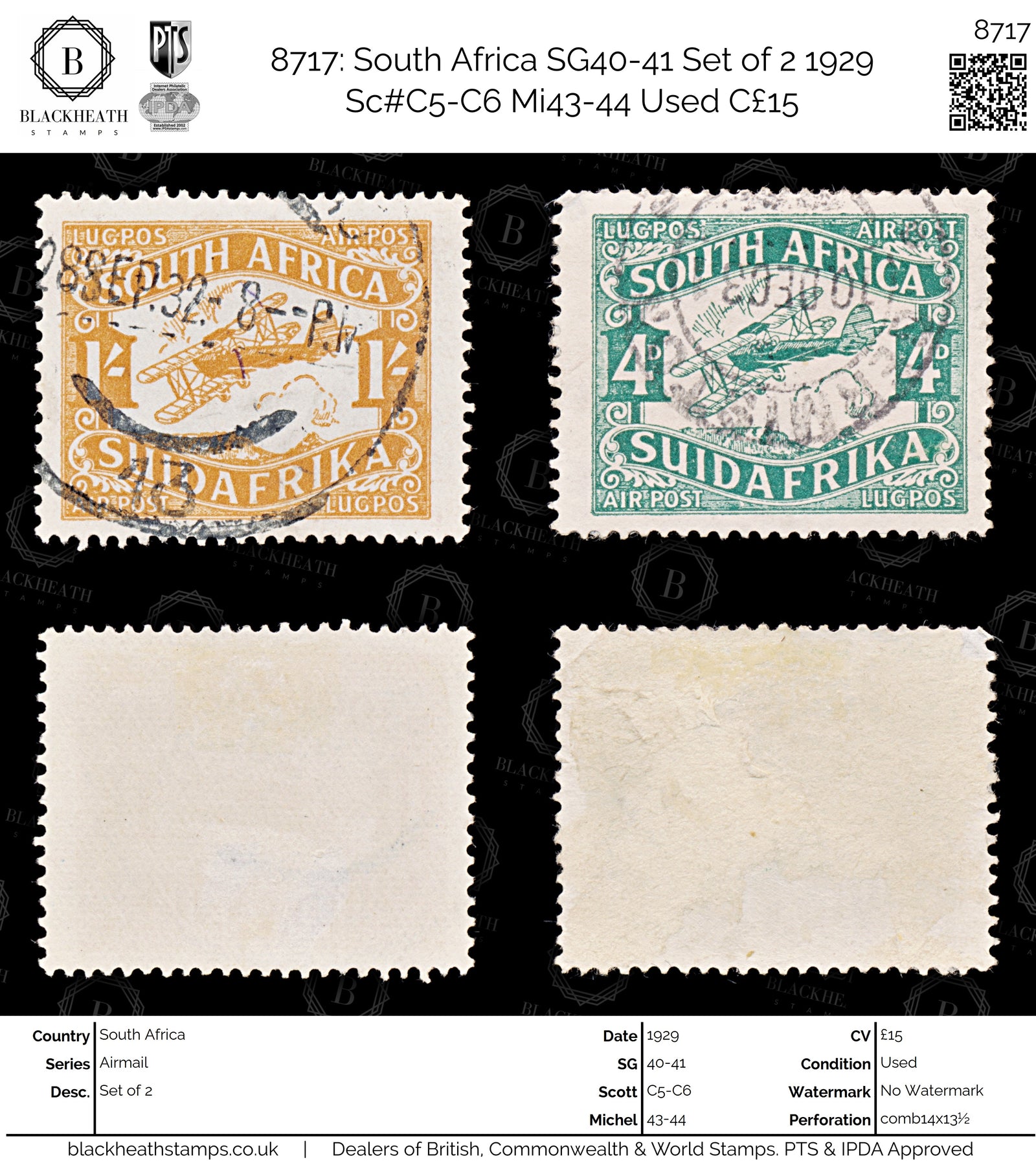 8717: South Africa SG40-41 Set of 2 1929 Sc#C5-C6 Mi43-44 Used C£15