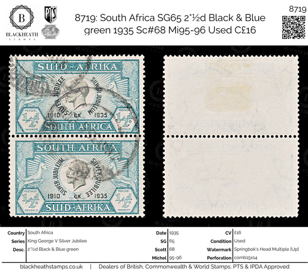 8719: South Africa SG65 2*½d Black & Blue green 1935 Sc#68 Mi95-96 Used C£16
