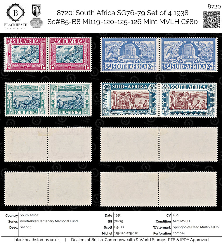 8720: South Africa SG76-79 Set of 4 1938 Sc#B5-B8 Mi119-120-125-126 Mint MVLH C£80, image 1