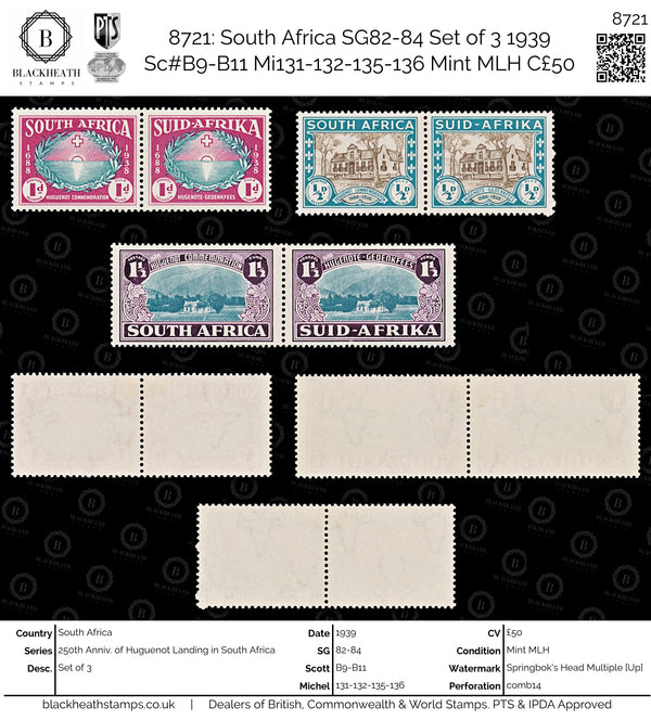 8721: South Africa SG82-84 Set of 3 1939 Sc#B9-B11 Mi131-132-135-136 Mint MLH C£50