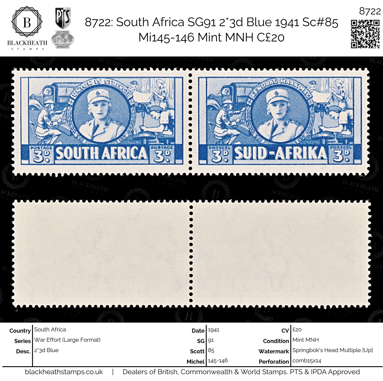 8722: South Africa SG91 2*3d Blue 1941 Sc#85 Mi145-146 Mint MNH C£20