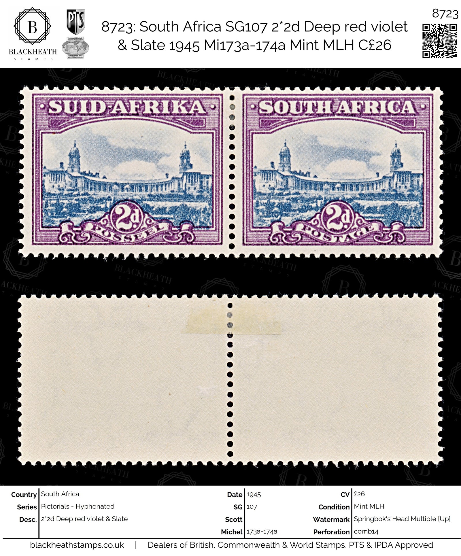 8723: South Africa SG107 2*2d Deep red violet & Slate 1945 Mi173a-174a Mint MLH C£26