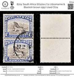 8724: South Africa SG120a 2*1s Ultramarine & Blackish brown 1952 Used C£24, view 1