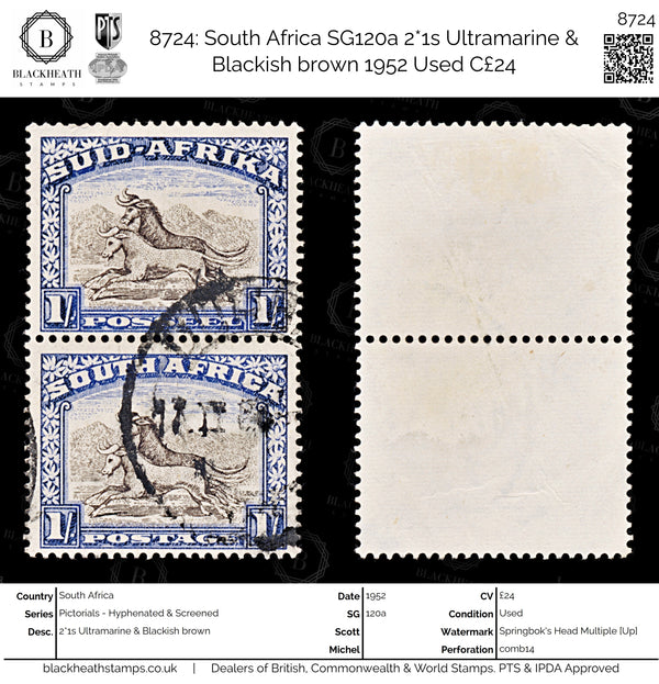 8724: South Africa SG120a 2*1s Ultramarine & Blackish brown 1952 Used C£24