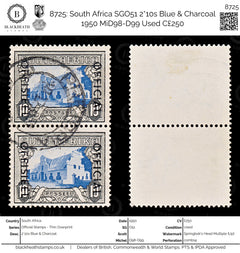 8725: South Africa SGO51 2*10s Blue & Charcoal 1950 MiD98-D99 Used C£250, view 1