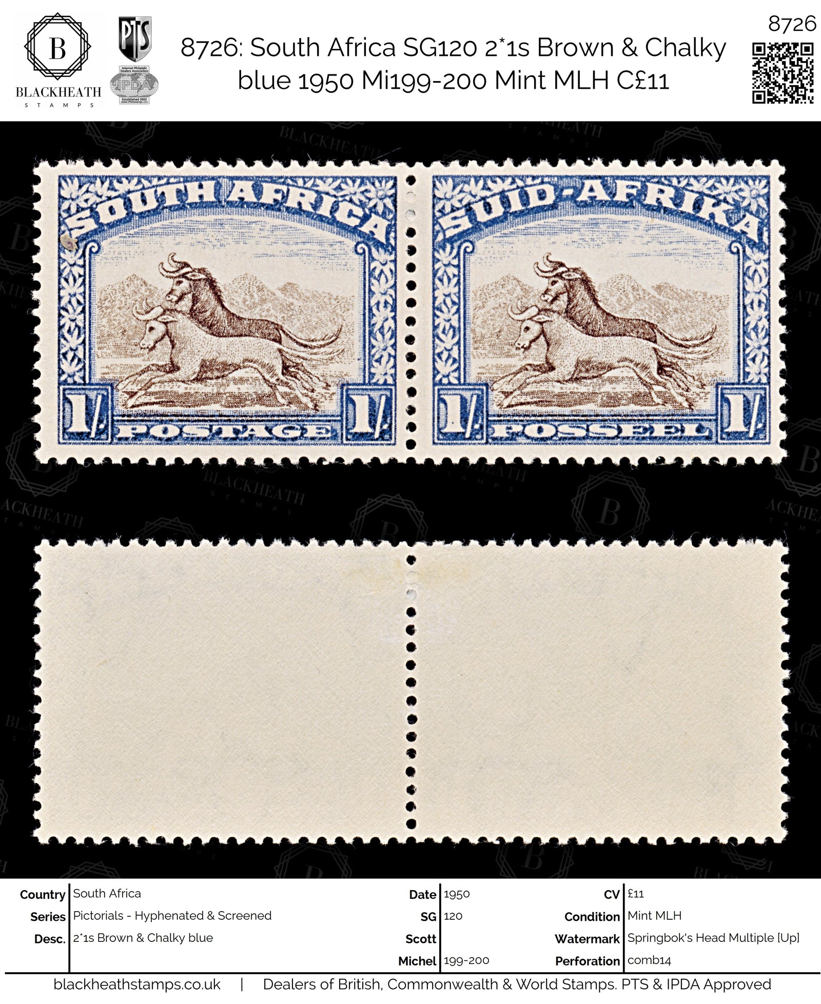 8726: South Africa SG120 2*1s Brown & Chalky blue 1950 Mi199-200 Mint MLH C£11