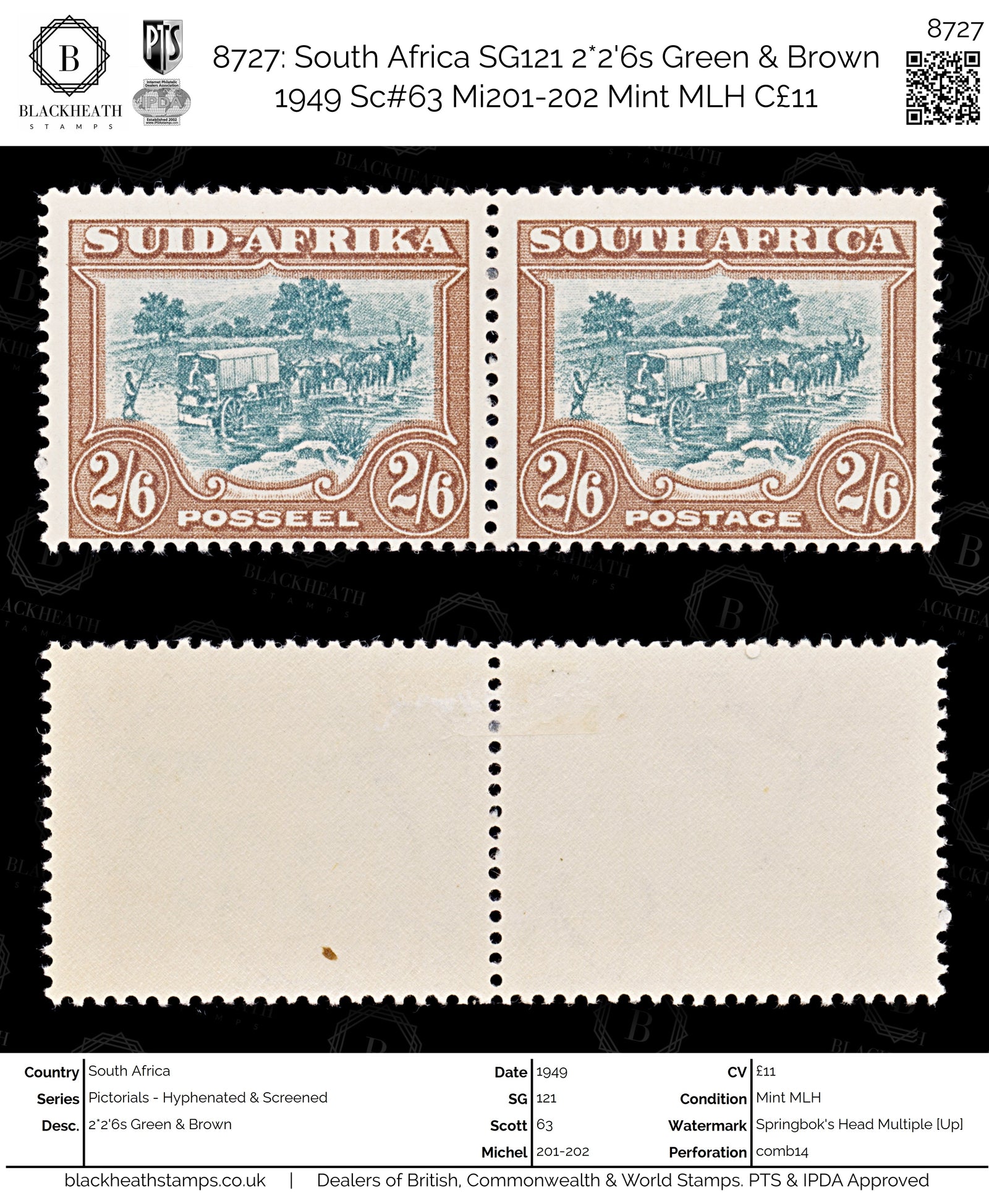 8727: South Africa SG121 2*2'6s Green & Brown 1949 Sc#63 Mi201-202 Mint MLH C£11