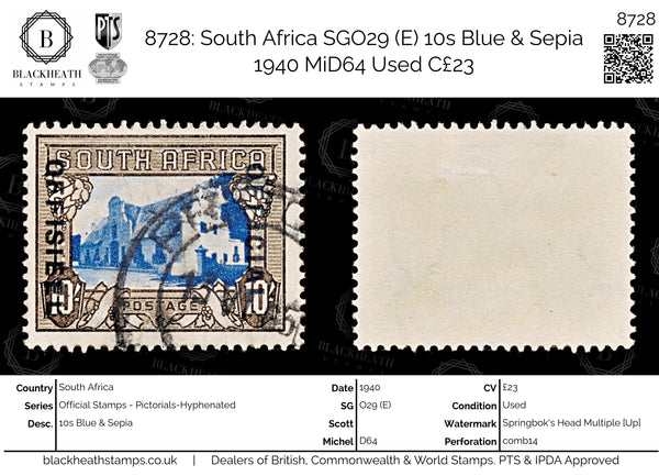 8728: South Africa SGO29 (E) 10s Blue & Sepia 1940 MiD64 Used C£23