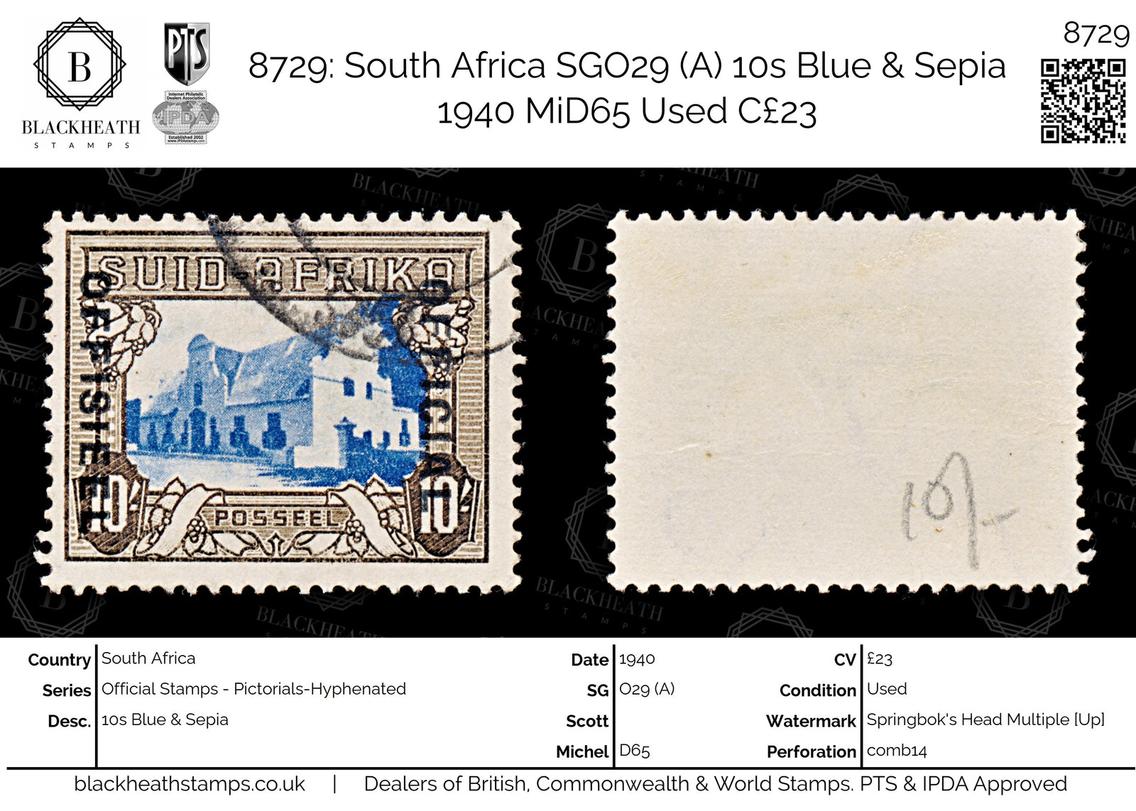 8729: South Africa SGO29 (A) 10s Blue & Sepia 1940 MiD65 Used C£23