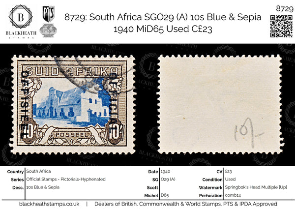 8729: South Africa SGO29 (A) 10s Blue & Sepia 1940 MiD65 Used C£23