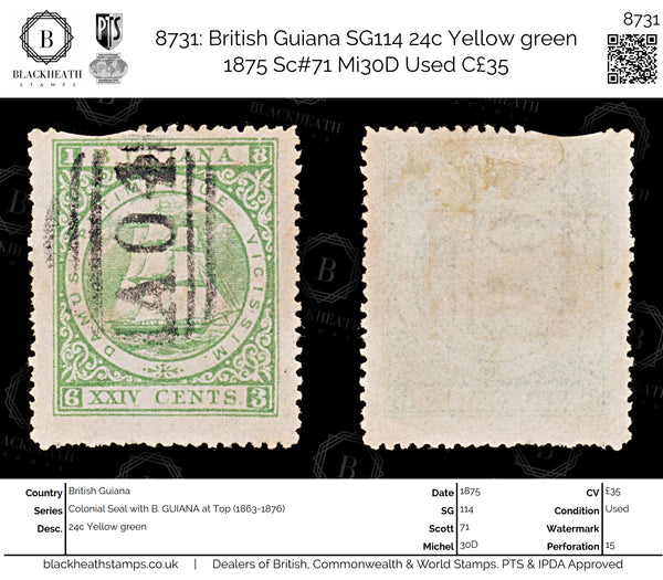 8731: British Guiana SG114 24c Yellow green 1875 Sc#71 Mi30D Used C£35