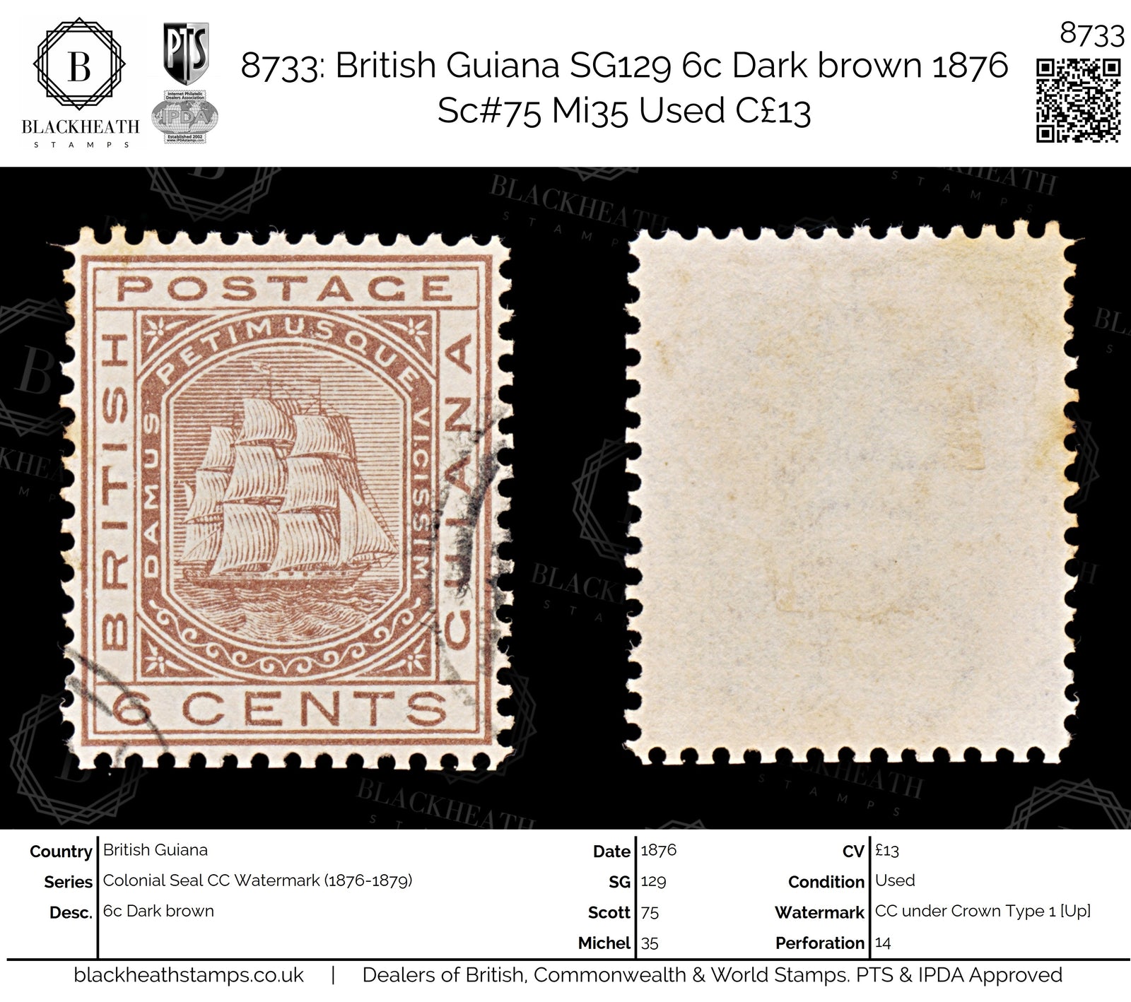 8733: British Guiana SG129 6c Dark brown 1876 Sc#75 Mi35 Used C£13