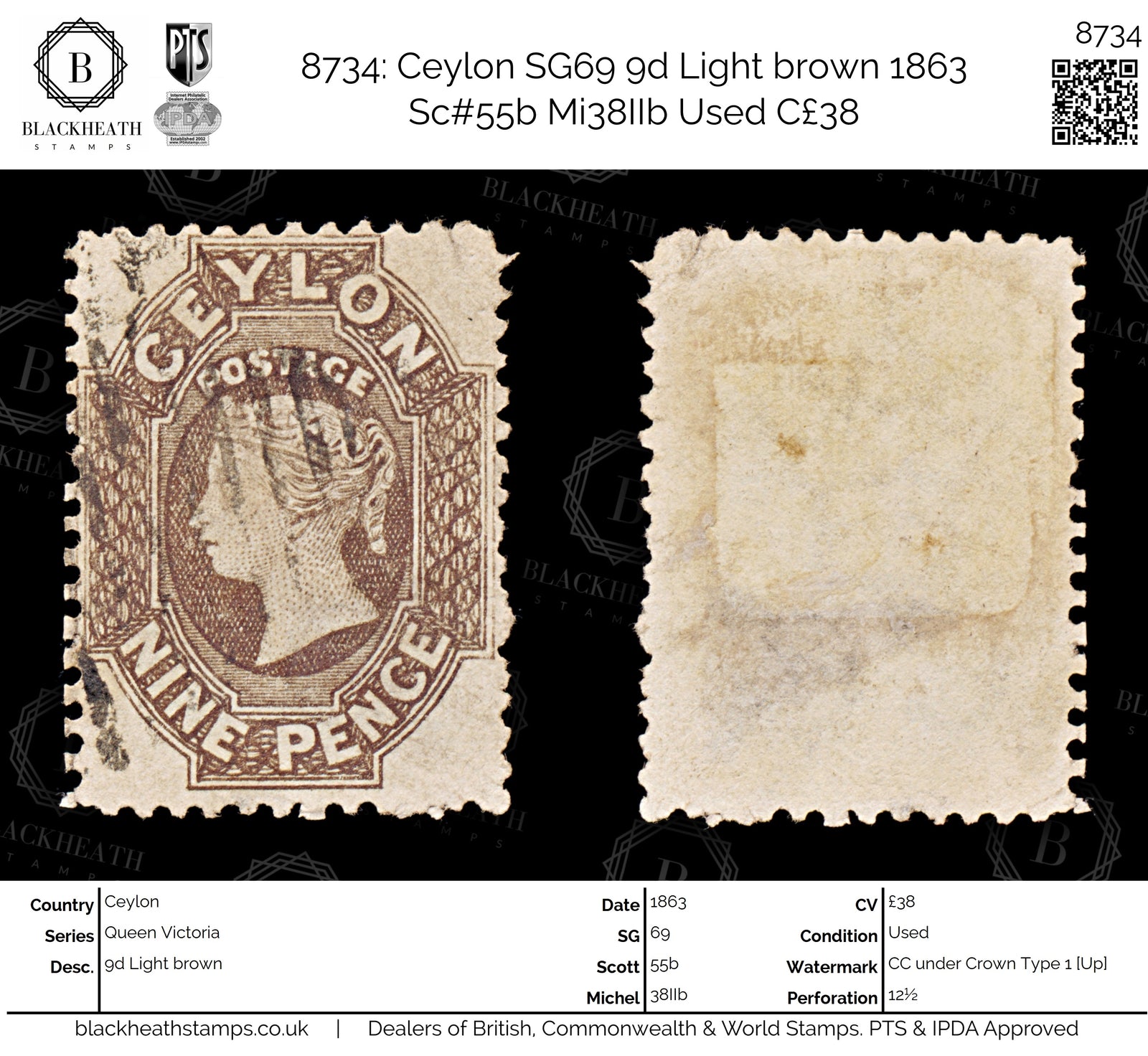 8734: Ceylon SG69 9d Light brown 1863 Sc#55b Mi38IIb Used C£38