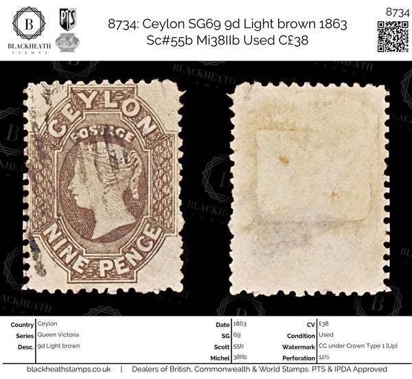 8734: Ceylon SG69 9d Light brown 1863 Sc#55b Mi38IIb Used C£38