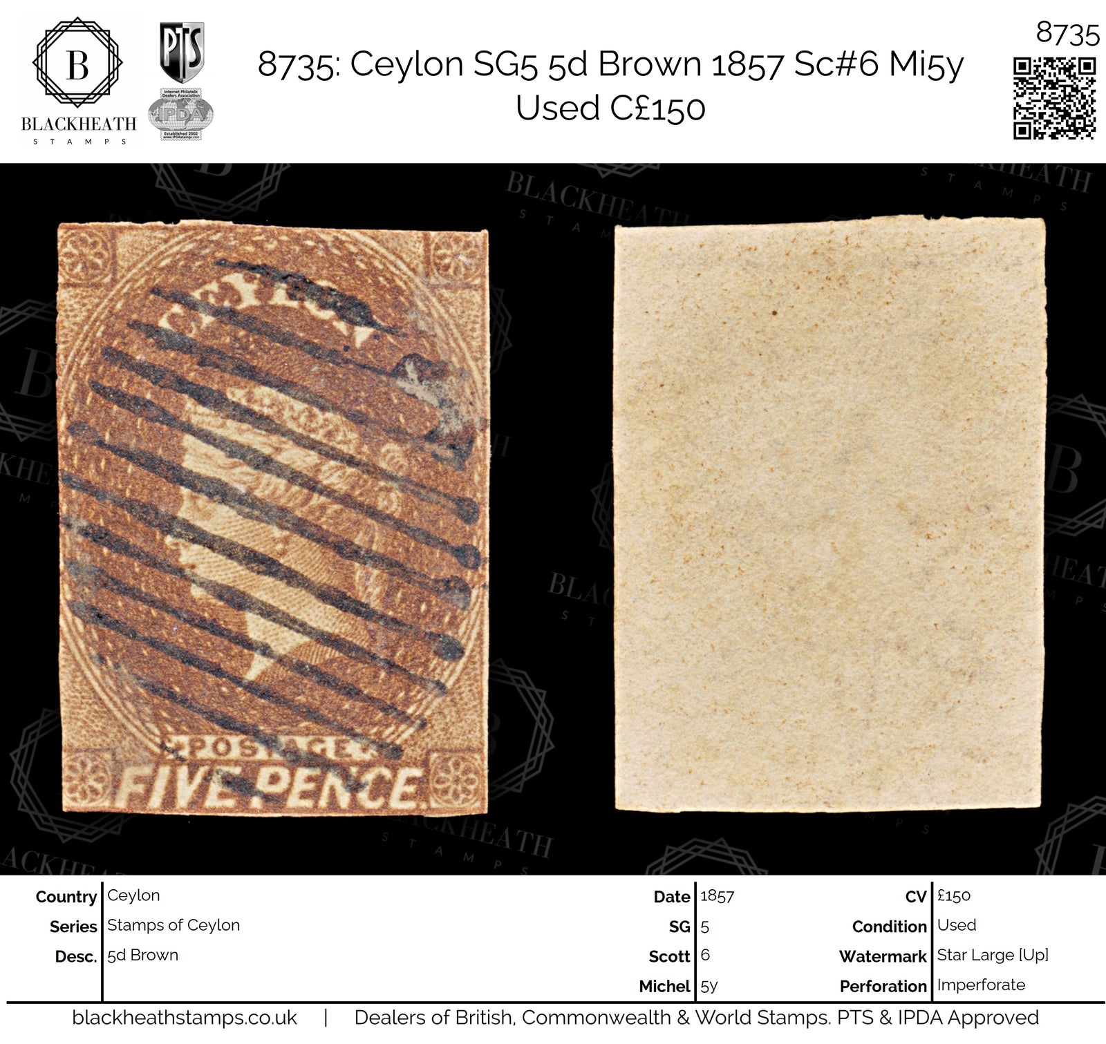 8735: Ceylon SG5 5d Brown 1857 Sc#6 Mi5y Used C£150