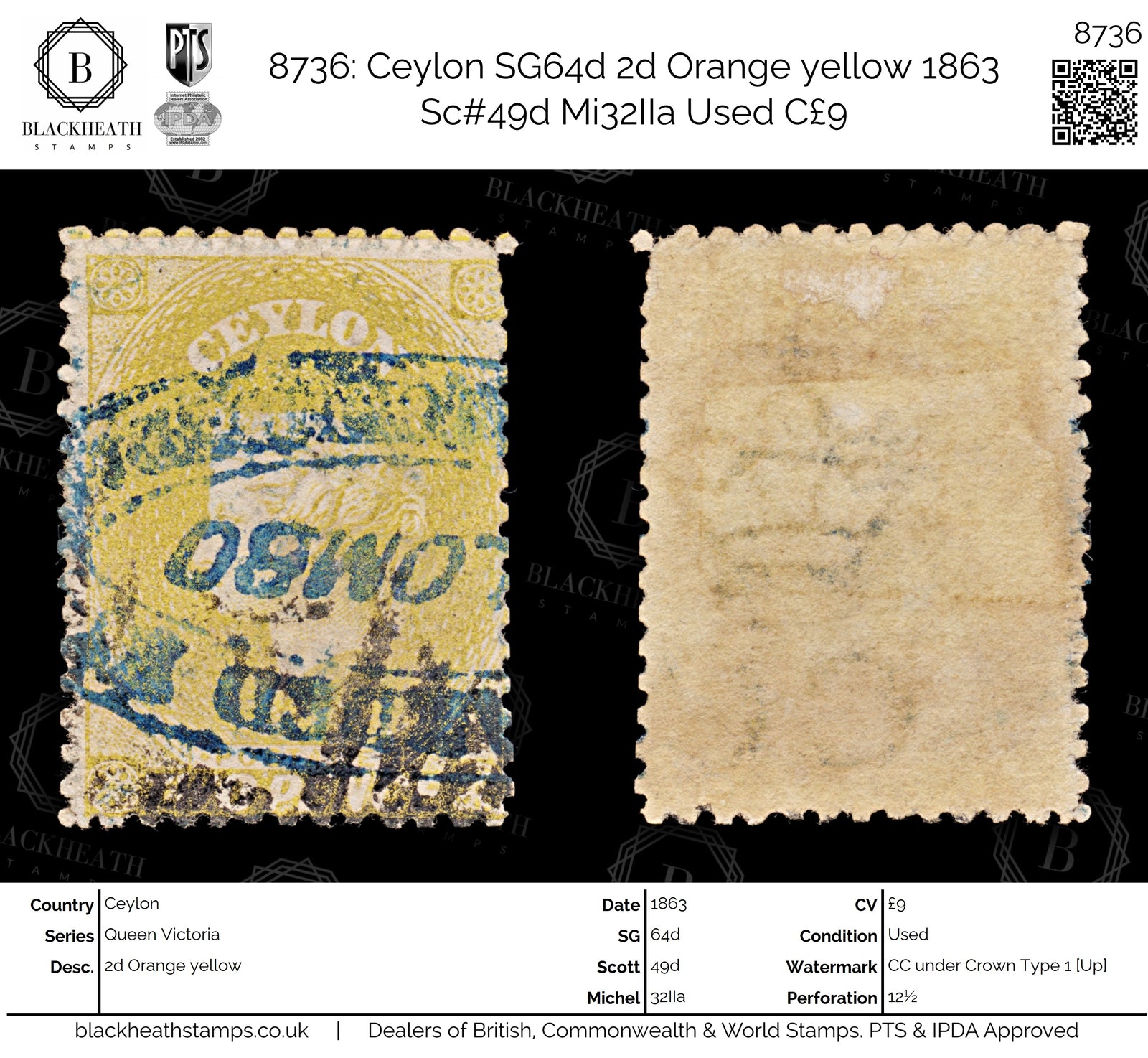 8736: Ceylon SG64d 2d Orange yellow 1863 Sc#49d Mi32IIa Used C£9